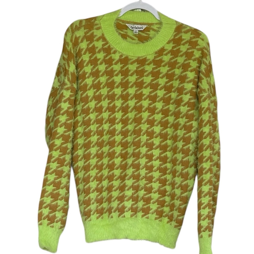 Davi&Dani Fuzzy Knit Pullover Neon Houndstooth Patterned Sweater Size S